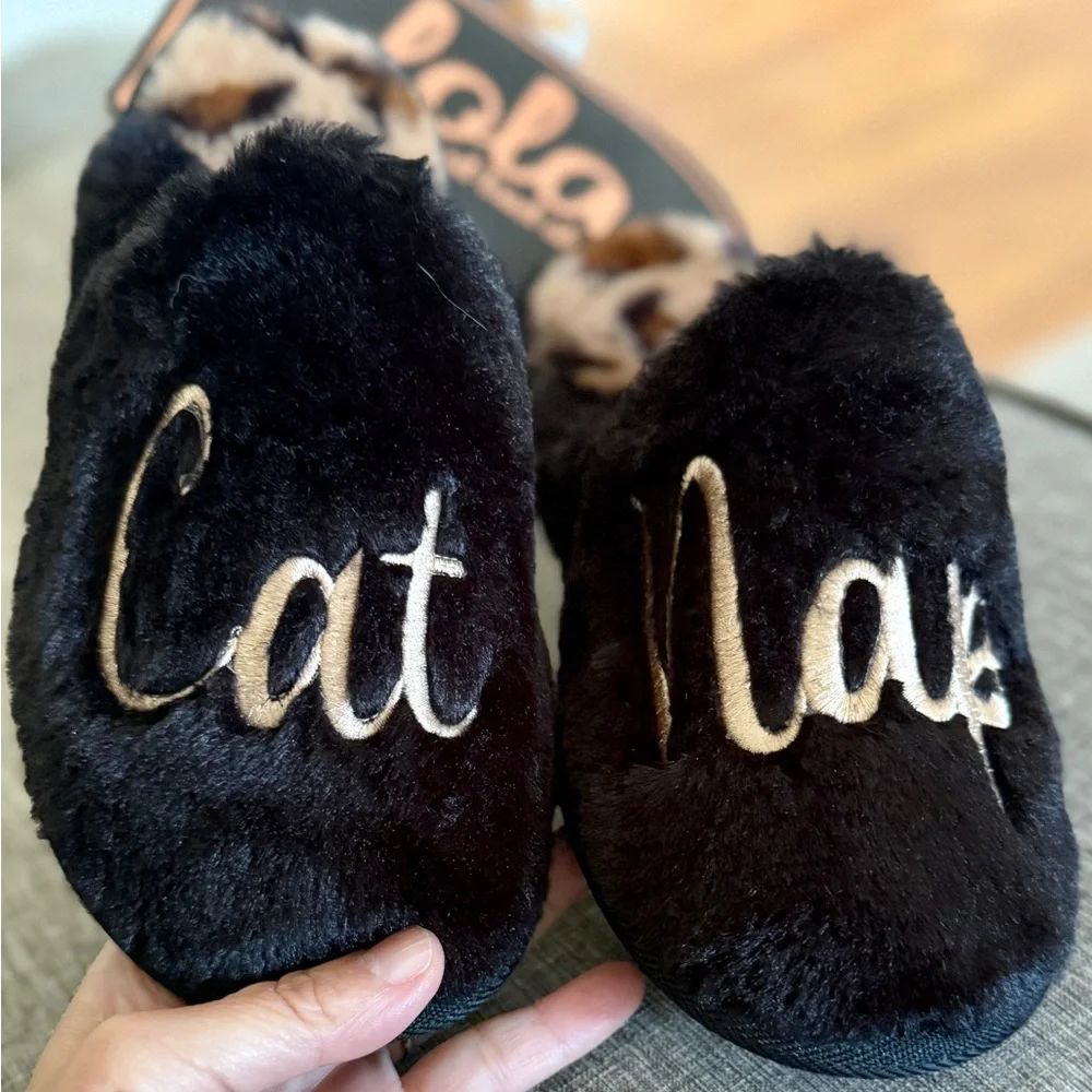 Women Slippers, New House Shoes, Black Brown Gold Embroidered Cat Nap Slippers